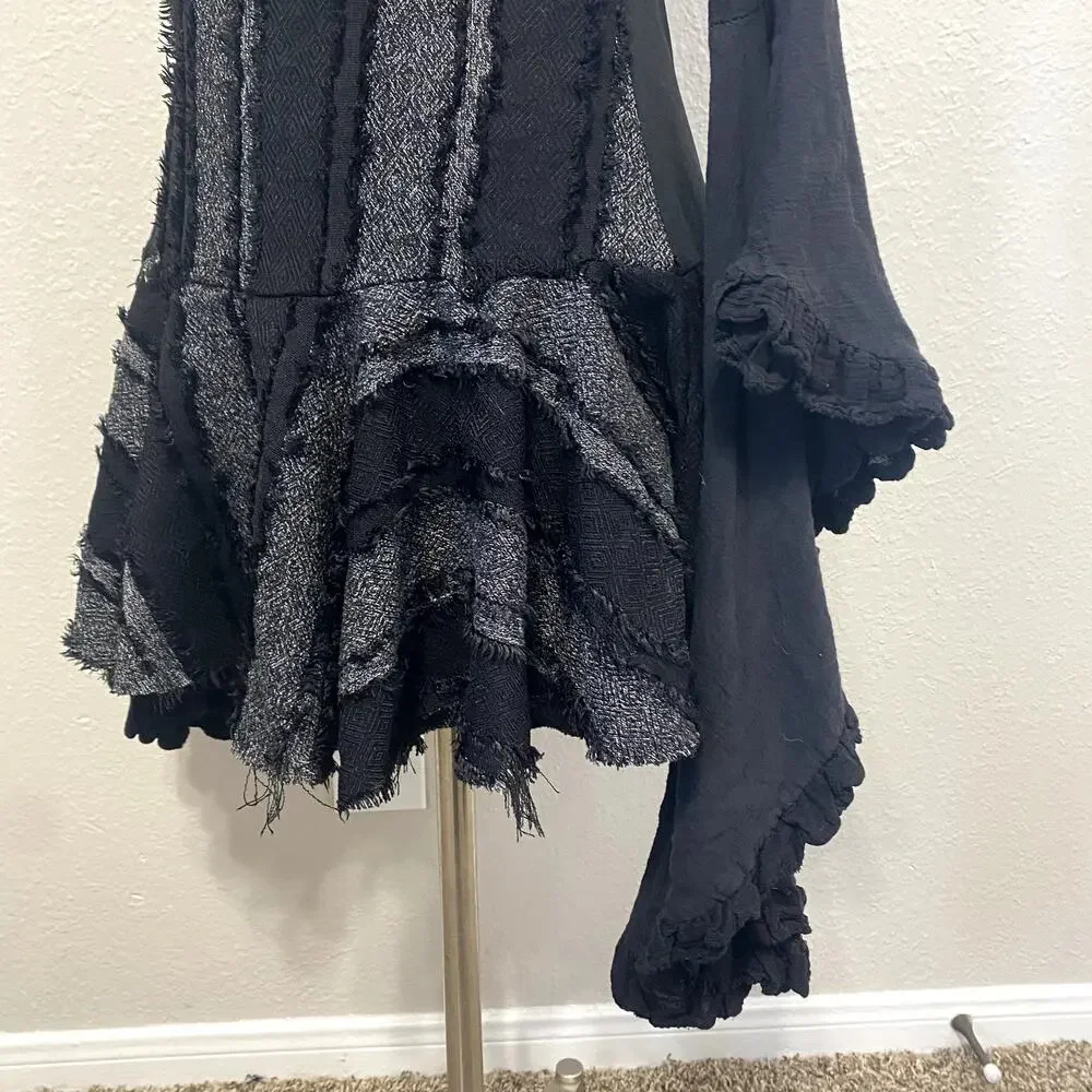 Asymmetrical Striped Layered Flare Dramatic Sleeve Whimsigoth Vamp Gothic Dress - Picture 9 of 12